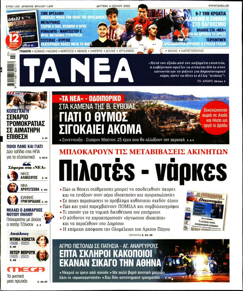 Πρωτοσέλιδο Εφημερίδας - Τα Νέα - 2022-07-04