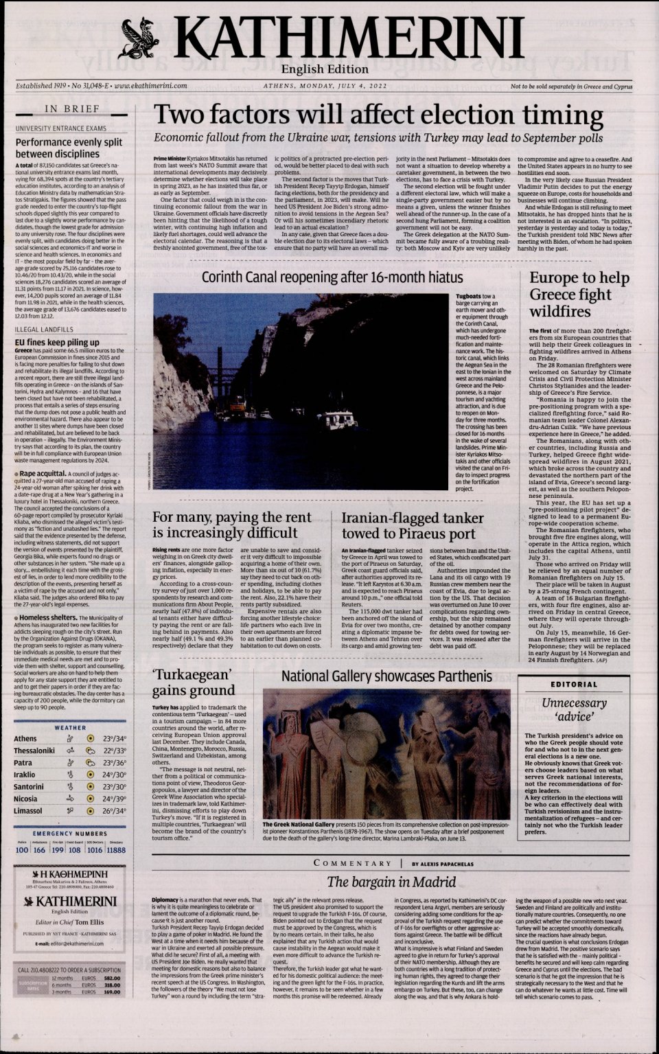 Πρωτοσέλιδο Εφημερίδας - INTERNATIONAL NEW YORK TIMES_KATHIMERINI - 2022-07-04