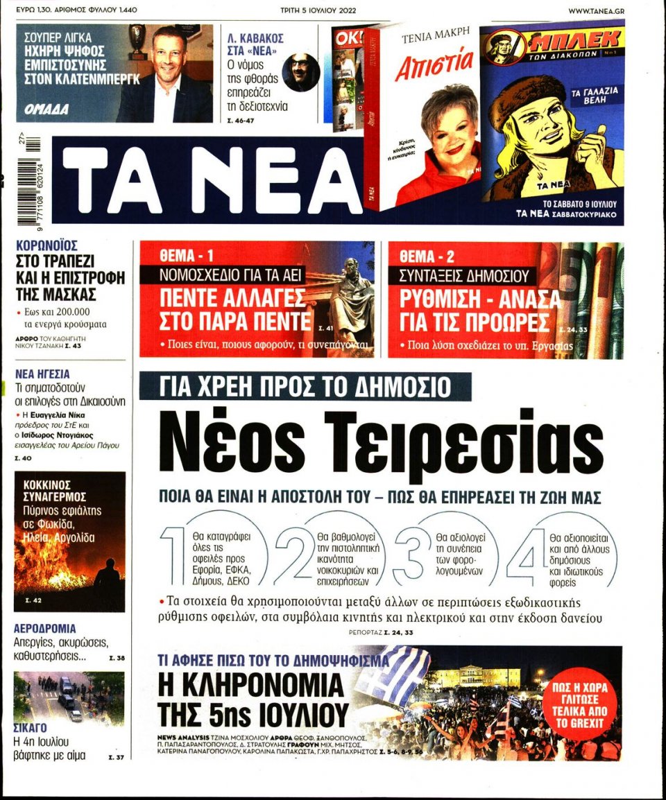 Πρωτοσέλιδο Εφημερίδας - Τα Νέα - 2022-07-05