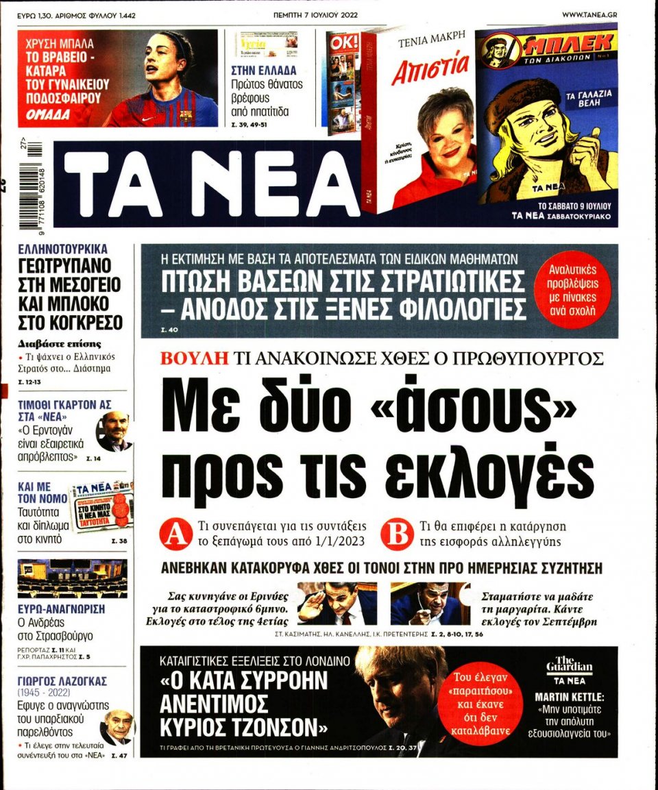 Πρωτοσέλιδο Εφημερίδας - Τα Νέα - 2022-07-07