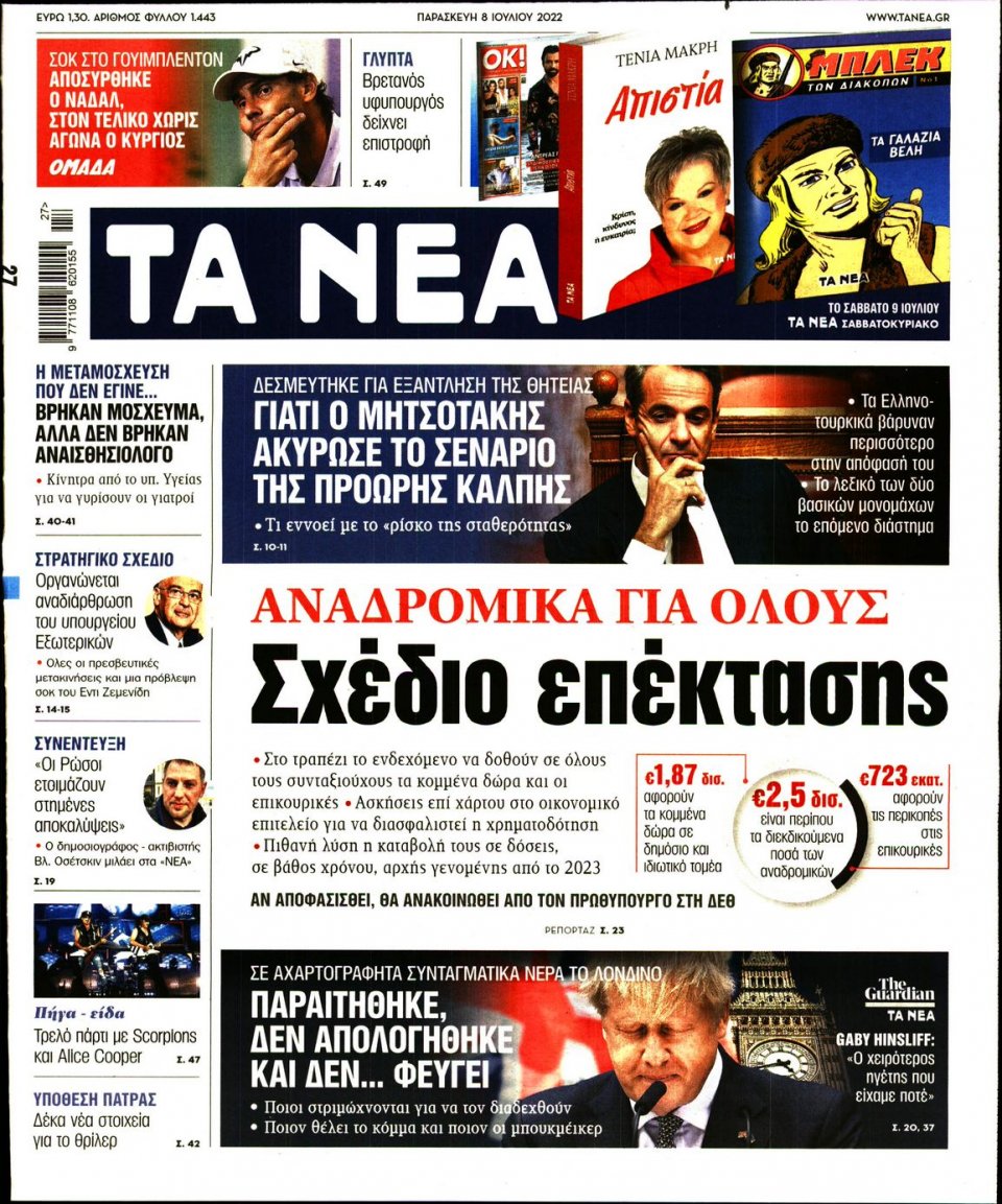 Πρωτοσέλιδο Εφημερίδας - Τα Νέα - 2022-07-08