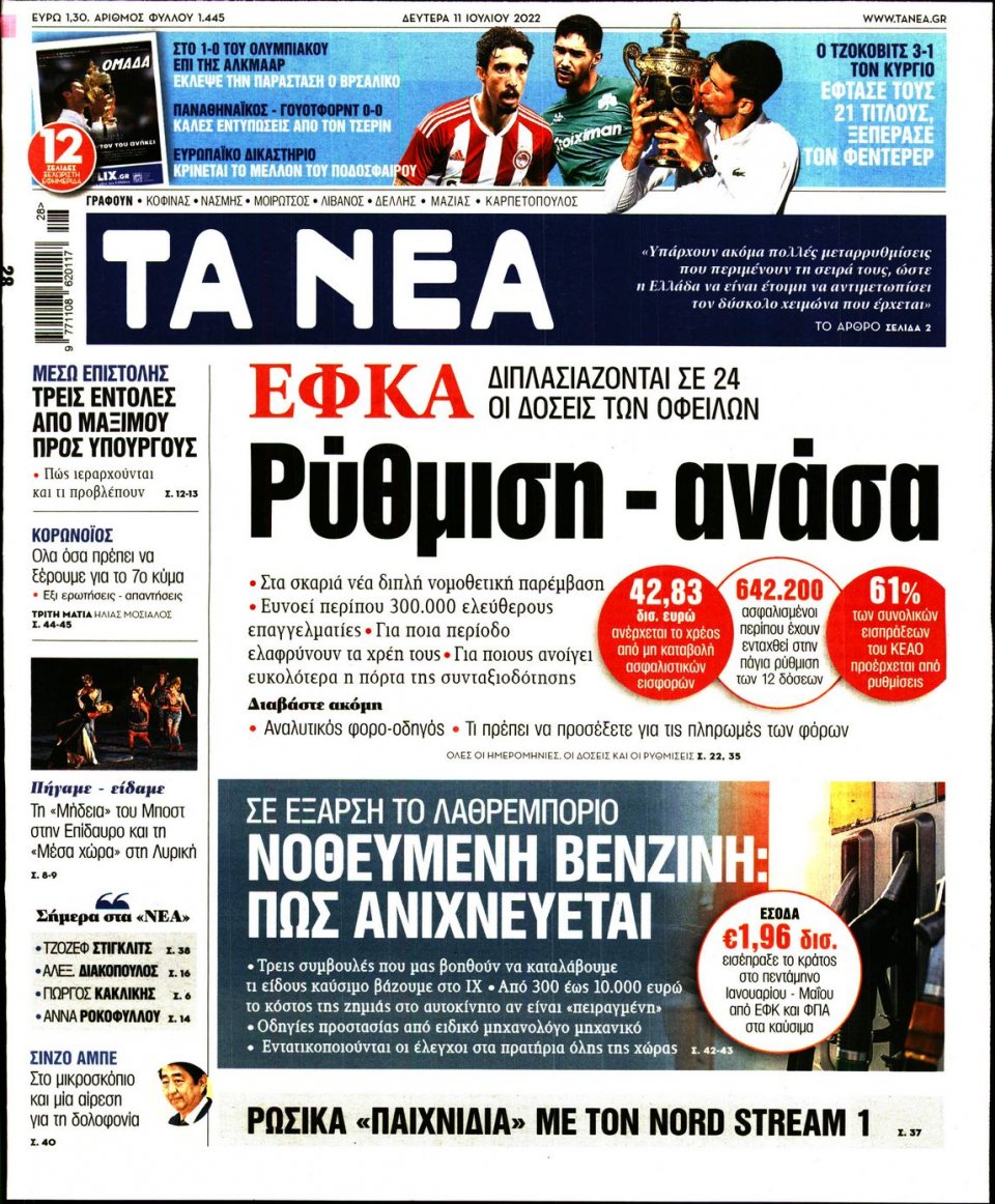 Πρωτοσέλιδο Εφημερίδας - Τα Νέα - 2022-07-11