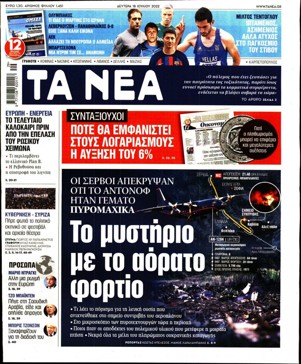 Πρωτοσέλιδο Εφημερίδας - Τα Νέα - 2022-07-18