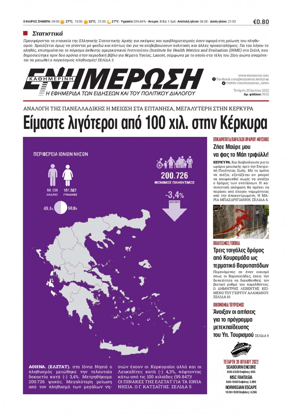 Πρωτοσέλιδο Εφημερίδας - ΕΝΗΜΕΡΩΣΗ ΚΕΡΚΥΡΑΣ - 2022-07-20