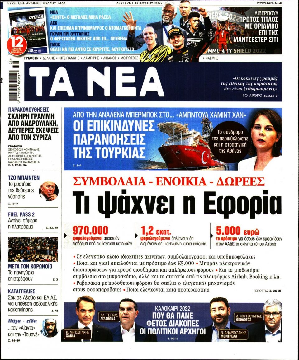 Πρωτοσέλιδο Εφημερίδας - Τα Νέα - 2022-08-01