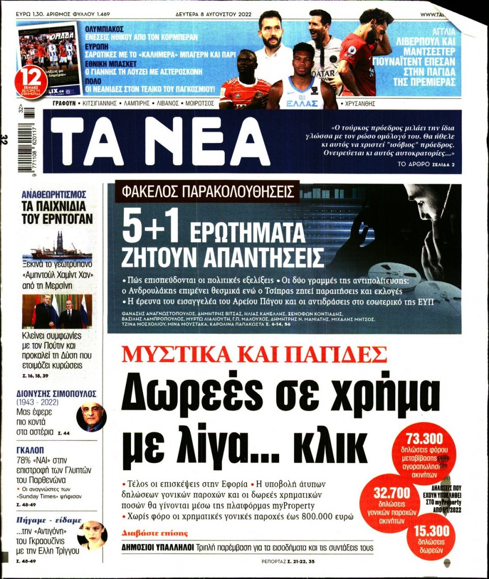 Πρωτοσέλιδο Εφημερίδας - Τα Νέα - 2022-08-08