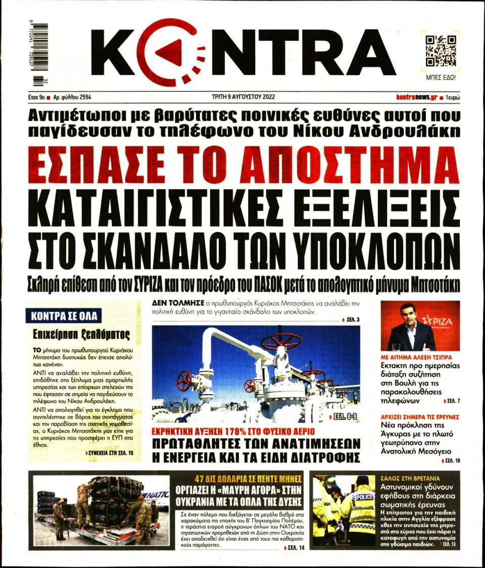 Πρωτοσέλιδο Εφημερίδας - KONTRA NEWS - 2022-08-09