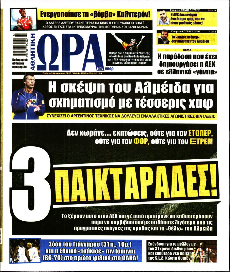 Πρωτοσέλιδο Εφημερίδας - Ώρα για Σπόρ - 2022-08-10