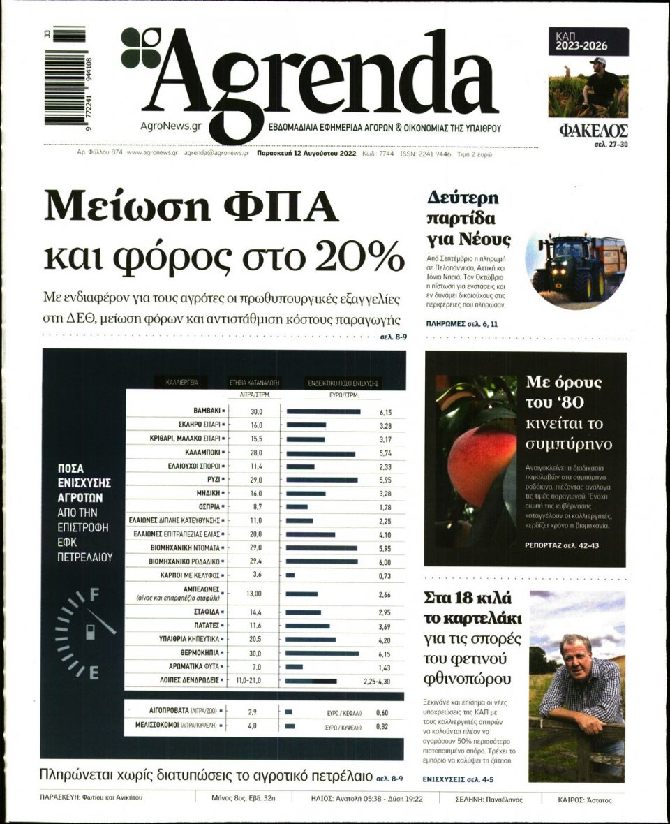 Πρωτοσέλιδο Εφημερίδας - AGRENDA - 2022-08-12
