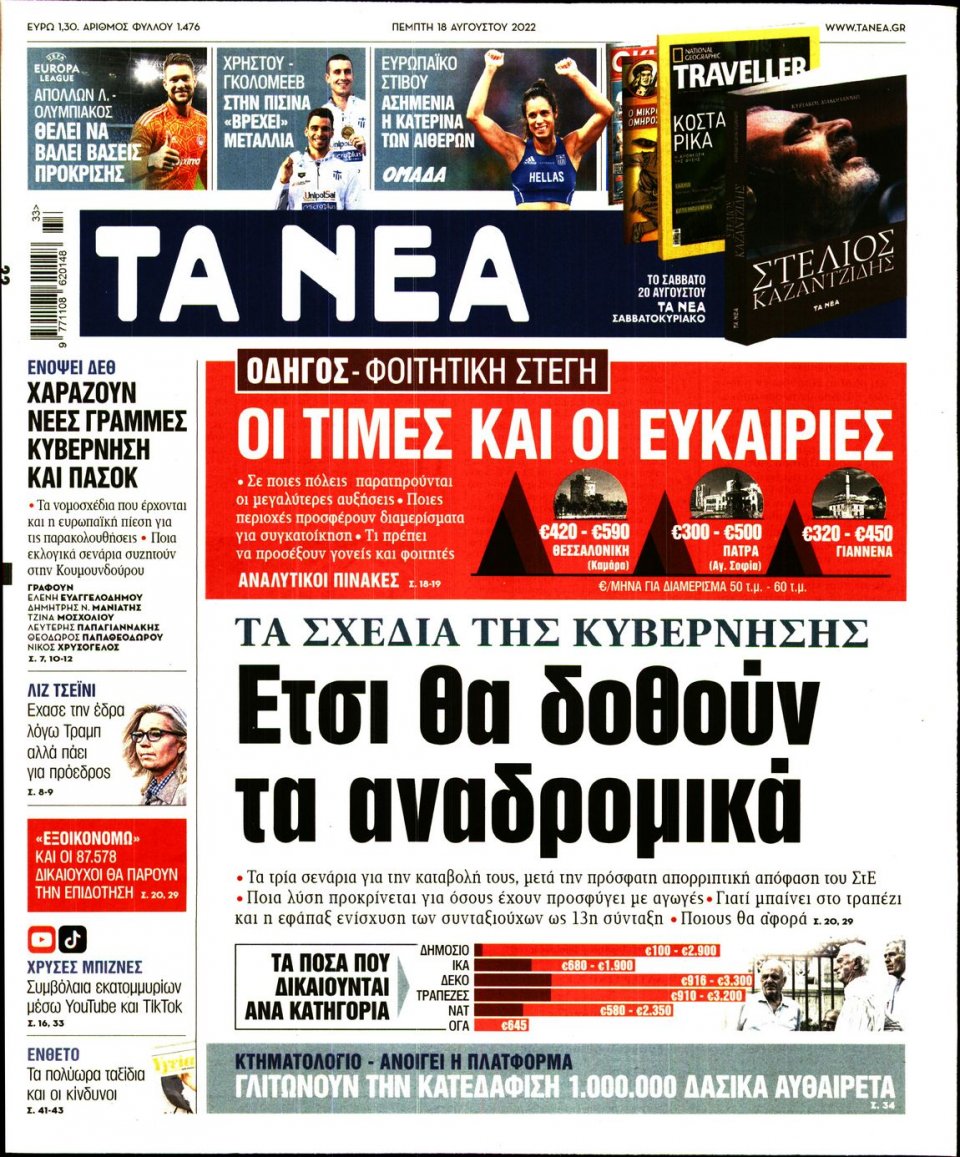 Πρωτοσέλιδο Εφημερίδας - Τα Νέα - 2022-08-18