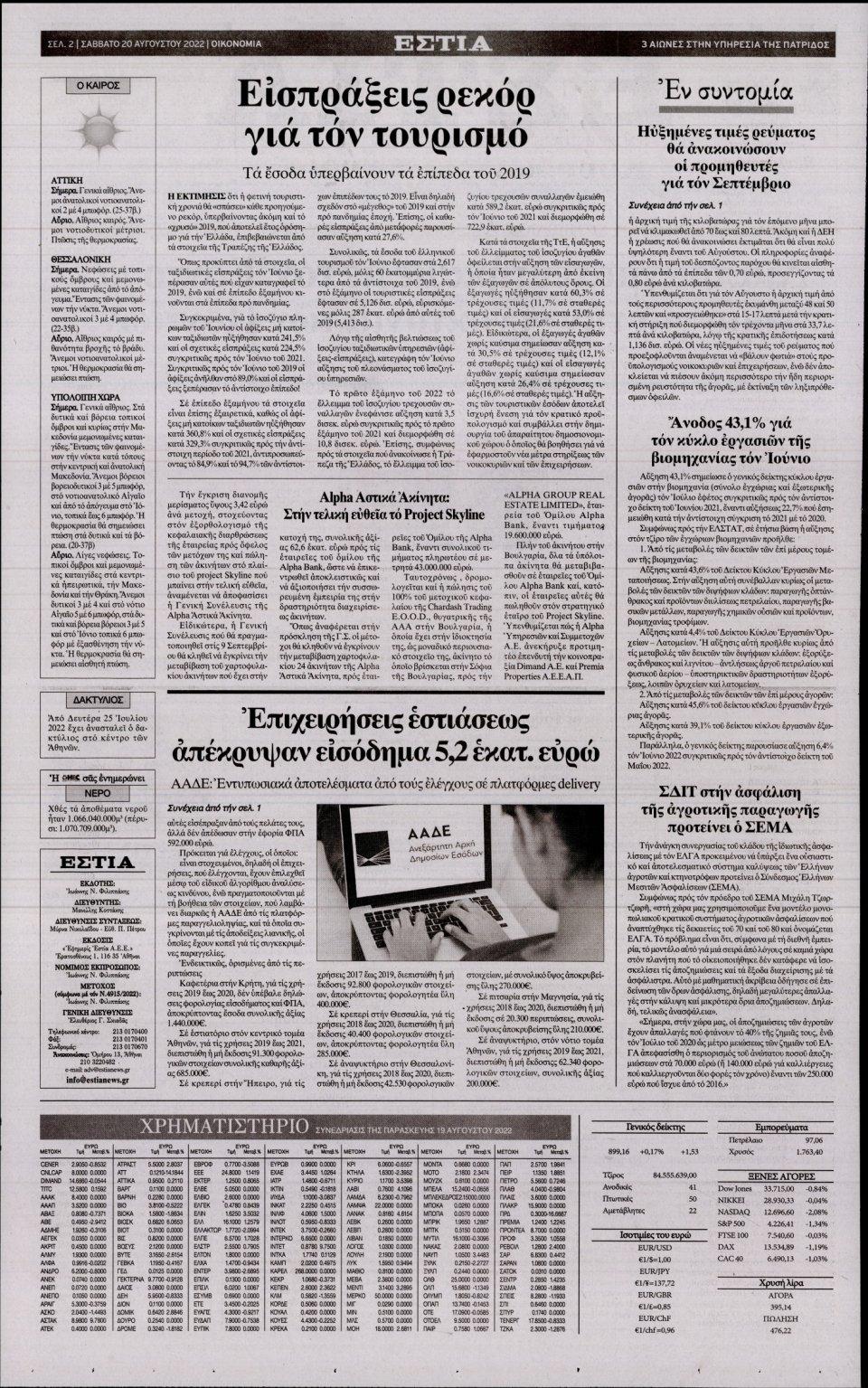Οπισθόφυλλο Εφημερίδας - Εστία - 2022-08-20