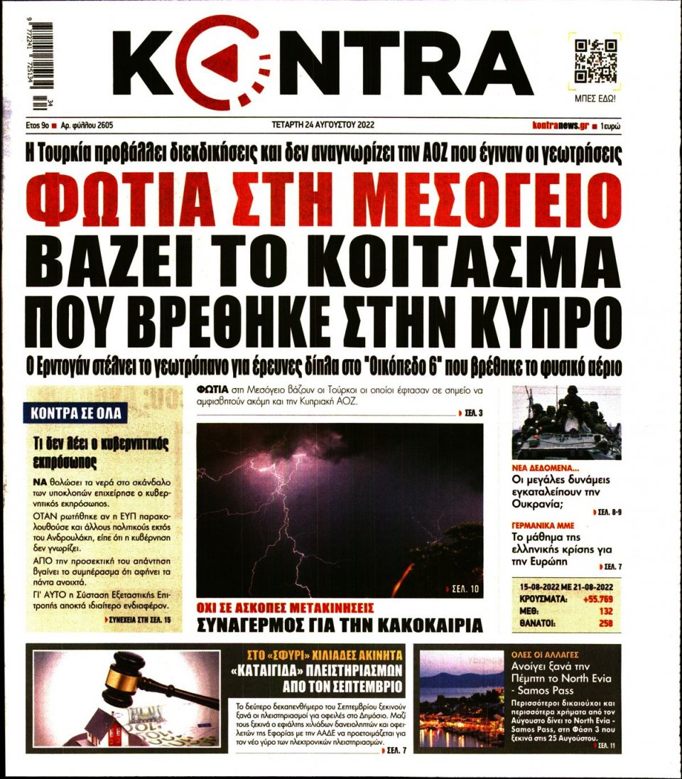 Πρωτοσέλιδο Εφημερίδας - KONTRA NEWS - 2022-08-24