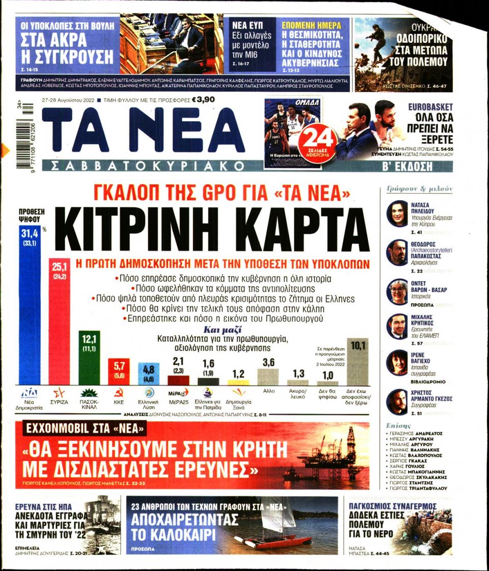 Πρωτοσέλιδο Εφημερίδας - Τα Νέα - 2022-08-27