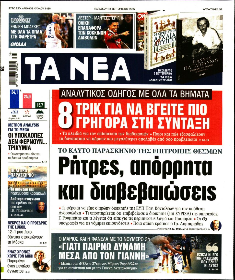 Πρωτοσέλιδο Εφημερίδας - Τα Νέα - 2022-09-02