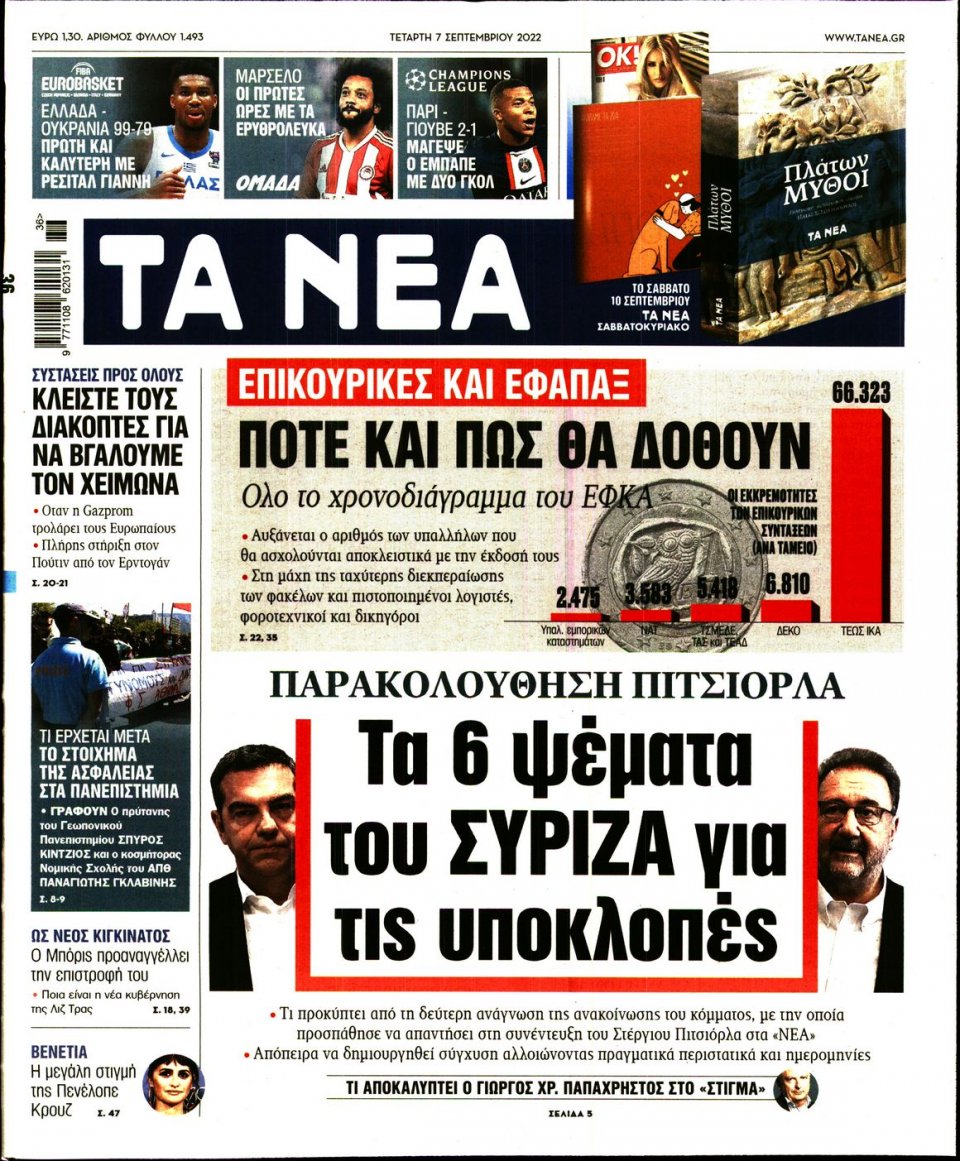 Πρωτοσέλιδο Εφημερίδας - Τα Νέα - 2022-09-07