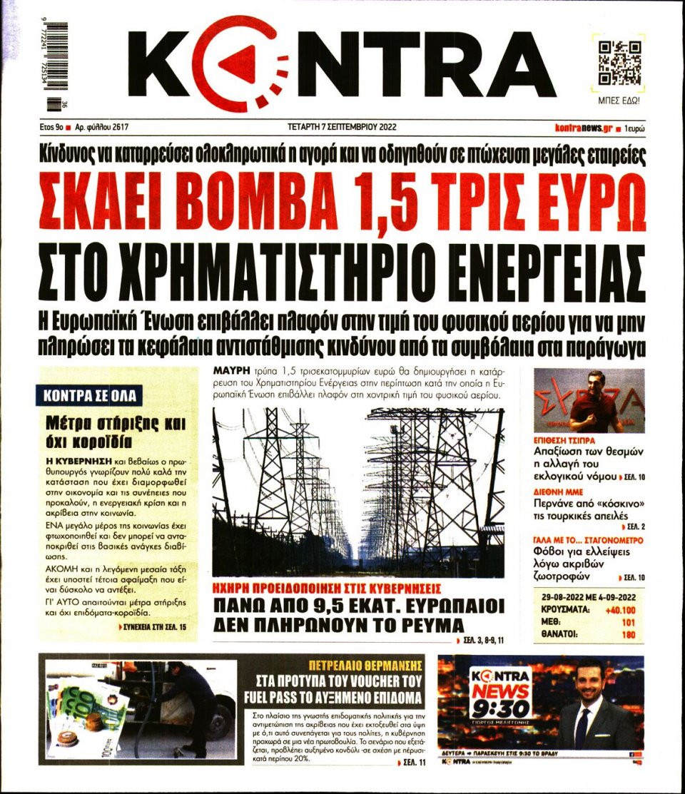 Πρωτοσέλιδο Εφημερίδας - KONTRA NEWS - 2022-09-07