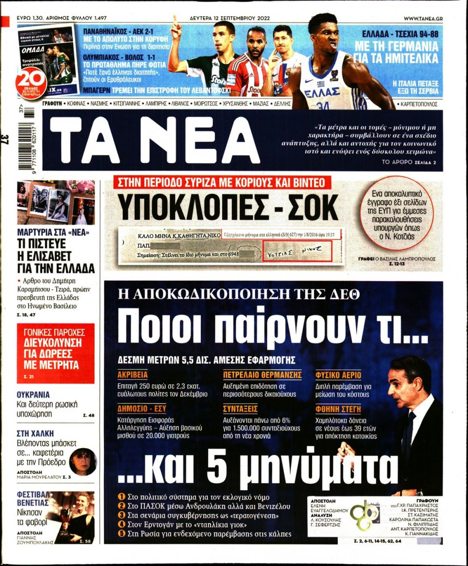 Πρωτοσέλιδο Εφημερίδας - Τα Νέα - 2022-09-12