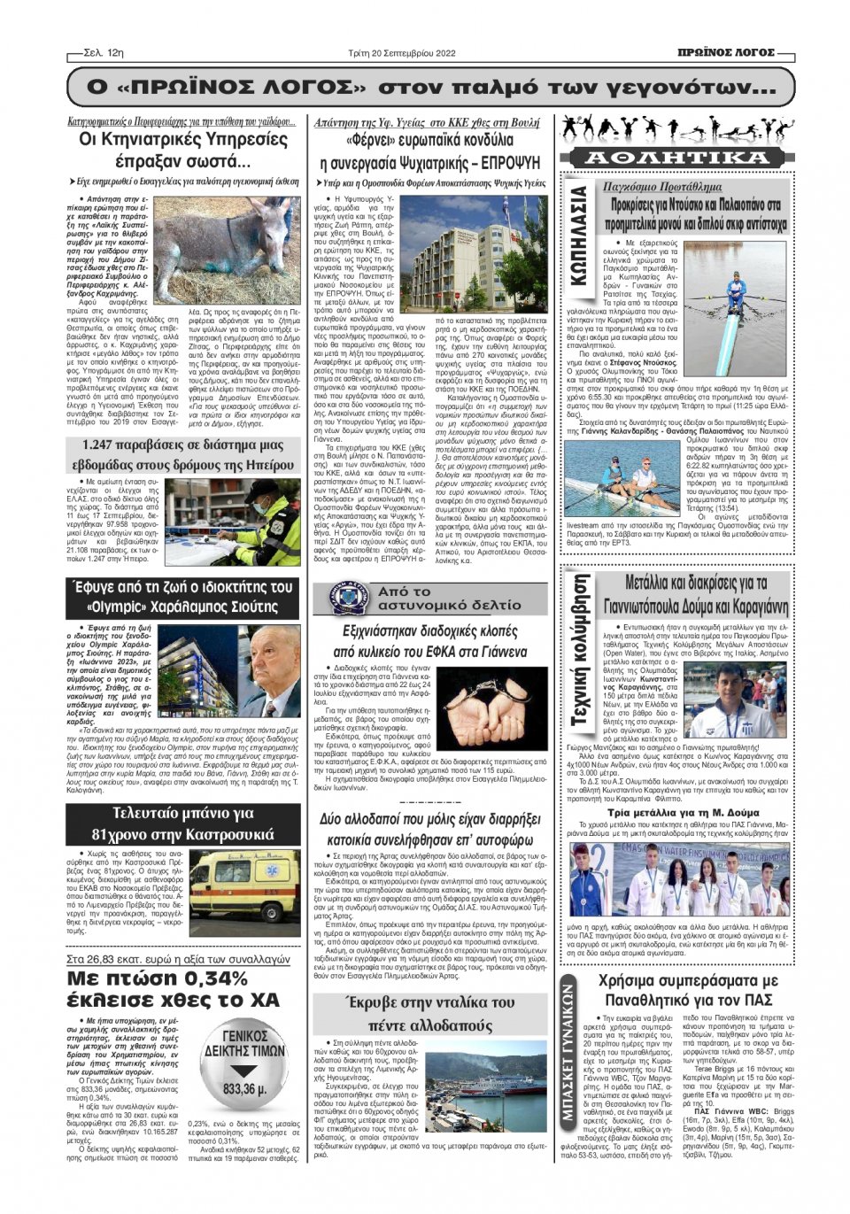 Οπισθόφυλλο Εφημερίδας - ΠΡΩΙΝΟΣ ΛΟΓΟΣ ΙΩΑΝΝΙΝΩΝ - 2022-09-20