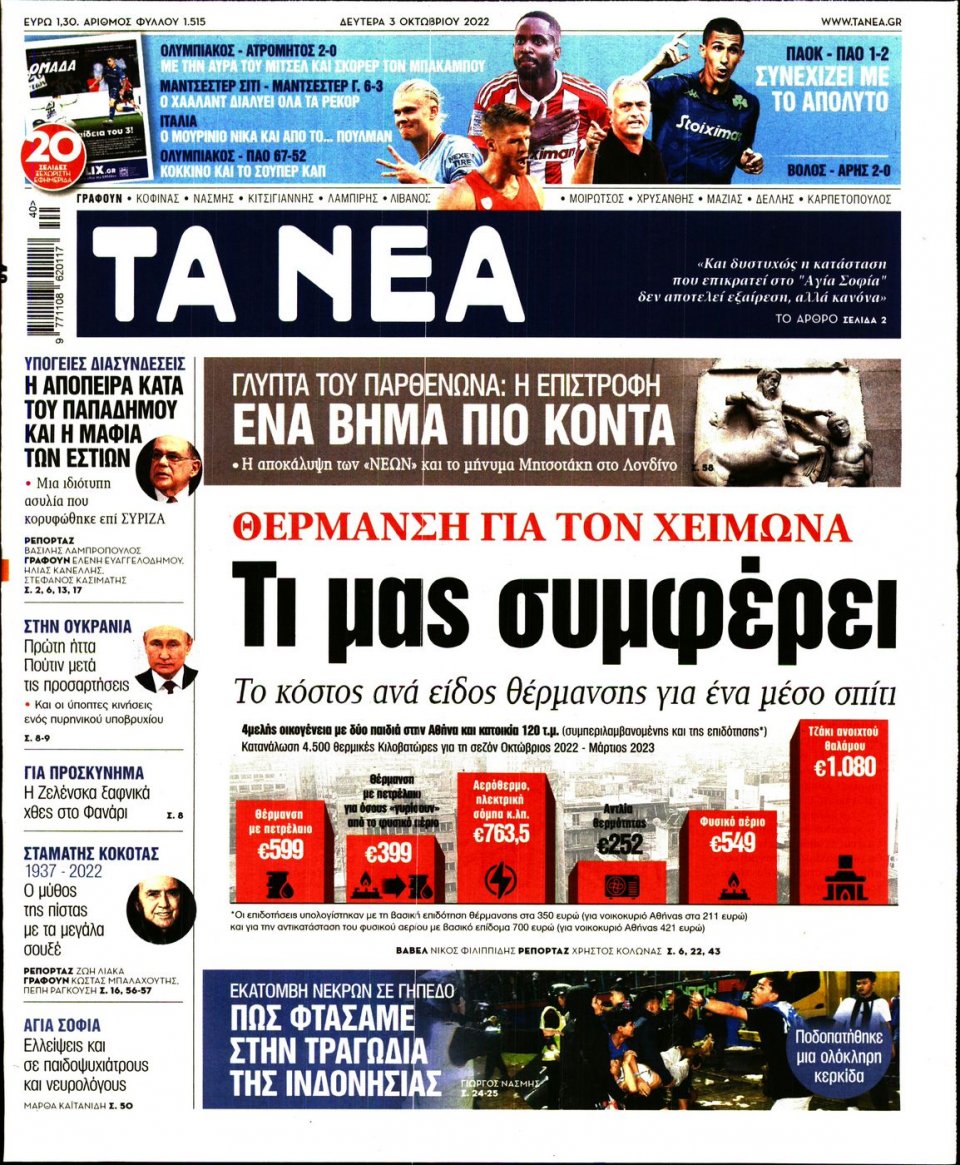 Πρωτοσέλιδο Εφημερίδας - Τα Νέα - 2022-10-03