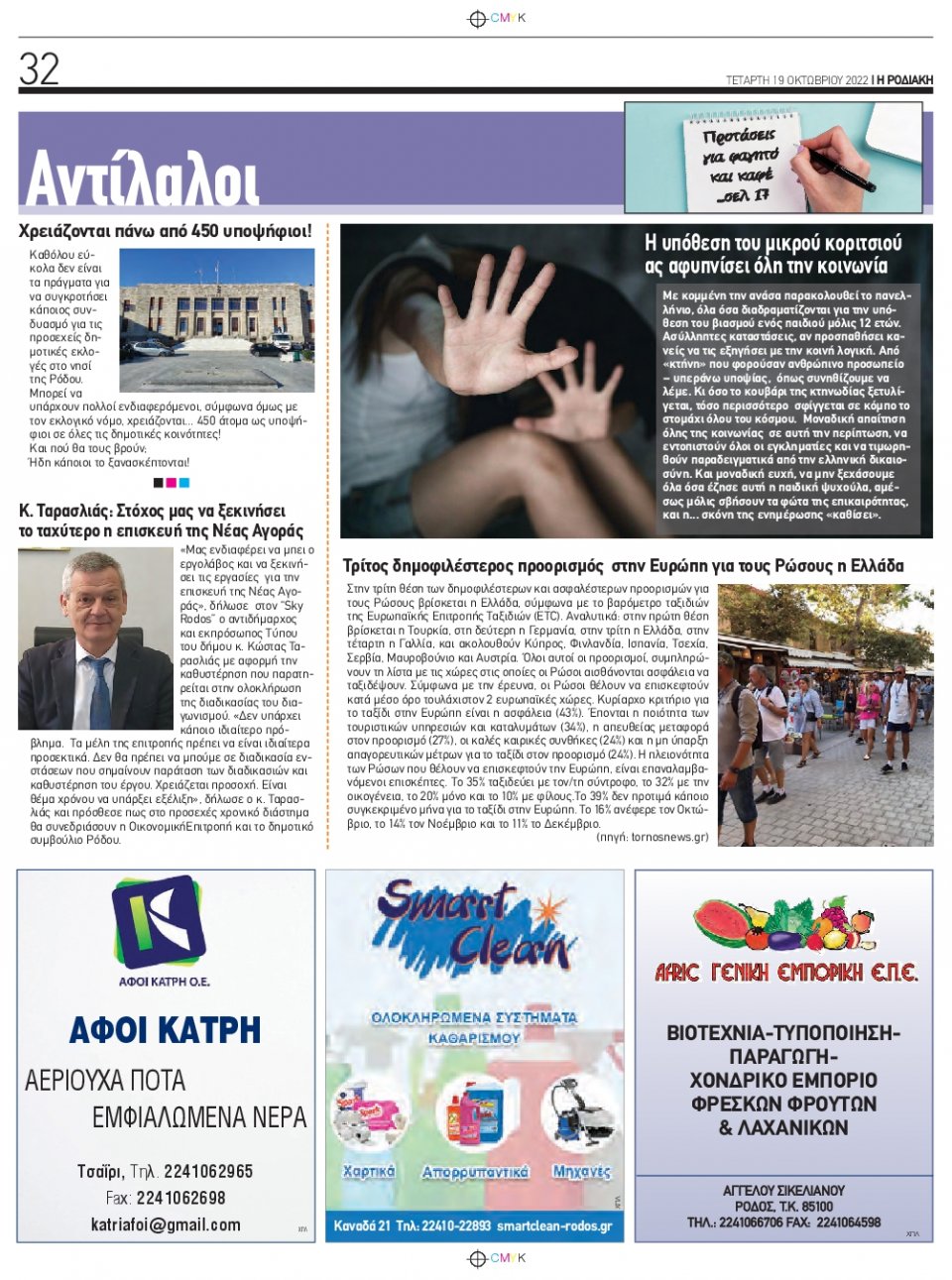 Οπισθόφυλλο Εφημερίδας - ΡΟΔΙΑΚΗ - 2022-10-19