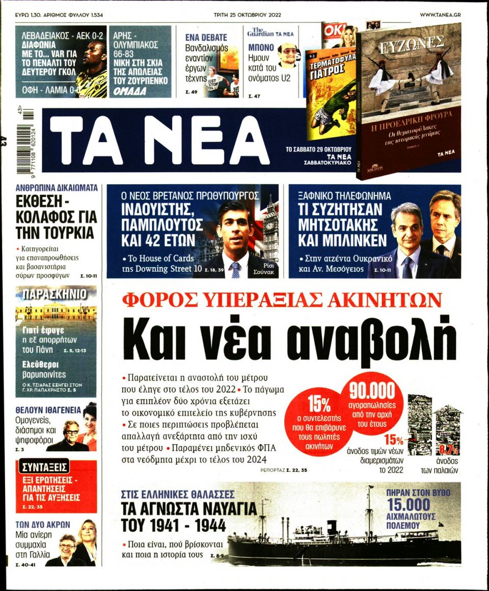 Πρωτοσέλιδο Εφημερίδας - Τα Νέα - 2022-10-25