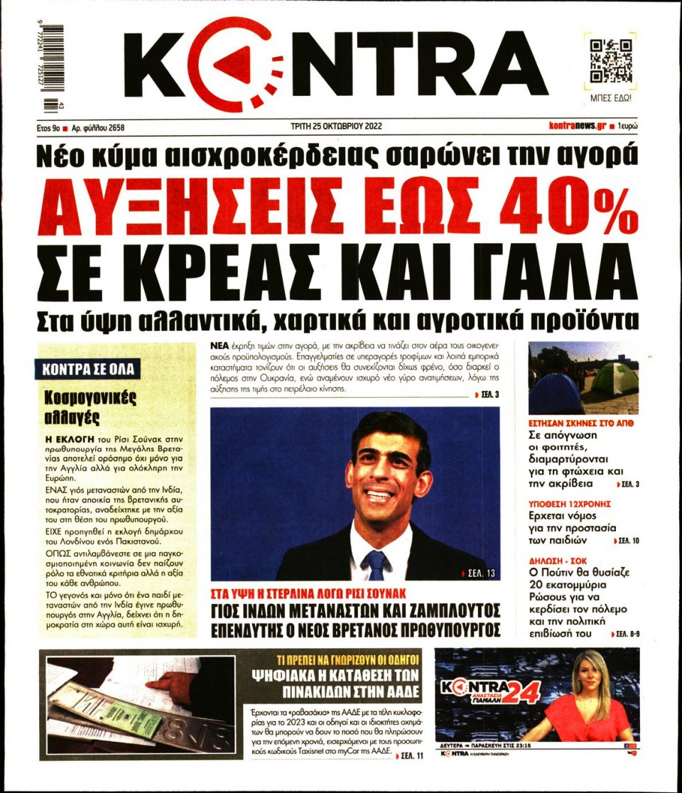 Πρωτοσέλιδο Εφημερίδας - KONTRA NEWS - 2022-10-25