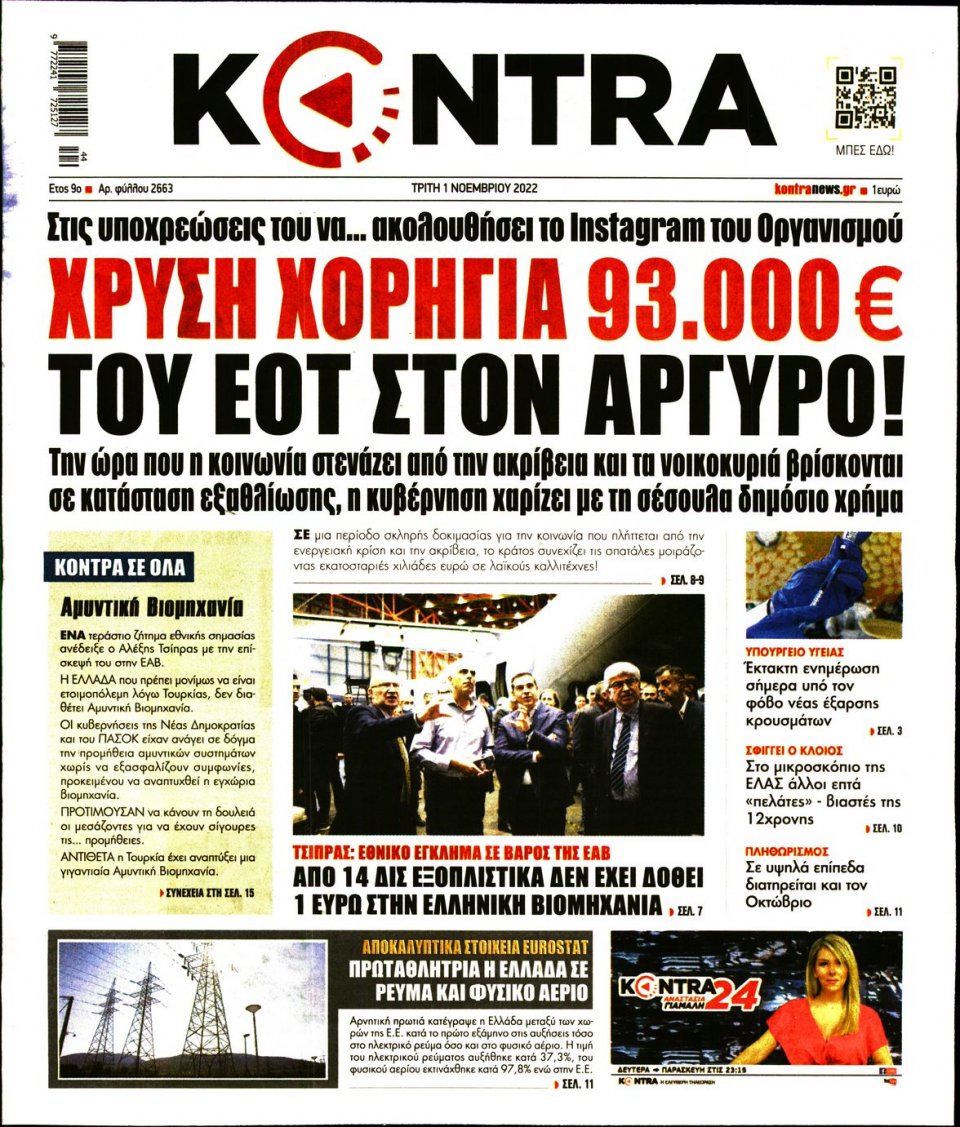 Πρωτοσέλιδο Εφημερίδας - KONTRA NEWS - 2022-11-01