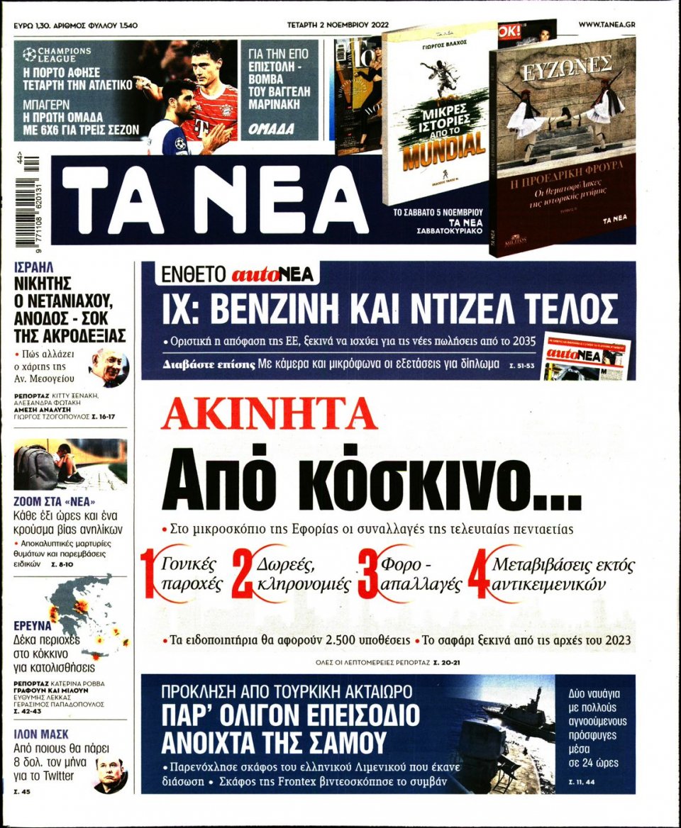 Πρωτοσέλιδο Εφημερίδας - Τα Νέα - 2022-11-02