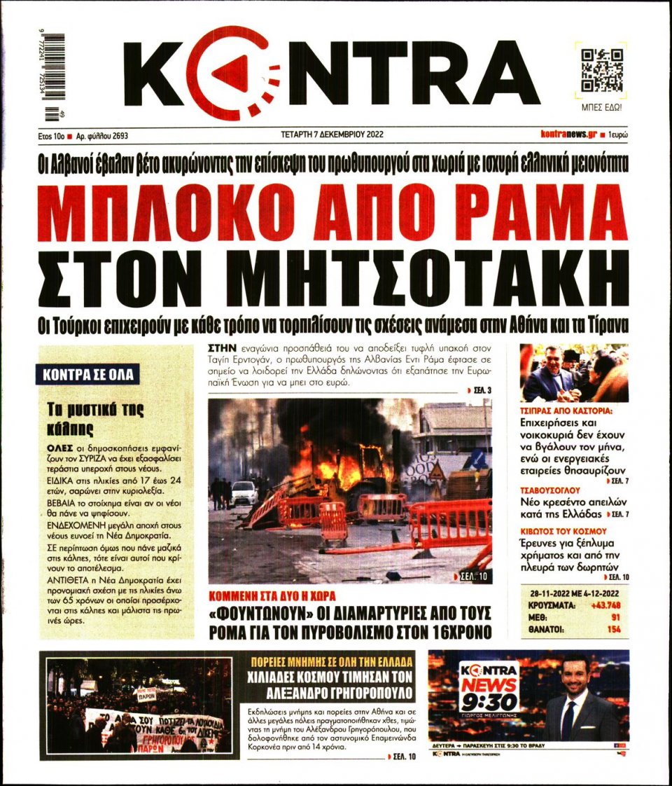 Πρωτοσέλιδο Εφημερίδας - KONTRA NEWS - 2022-12-07