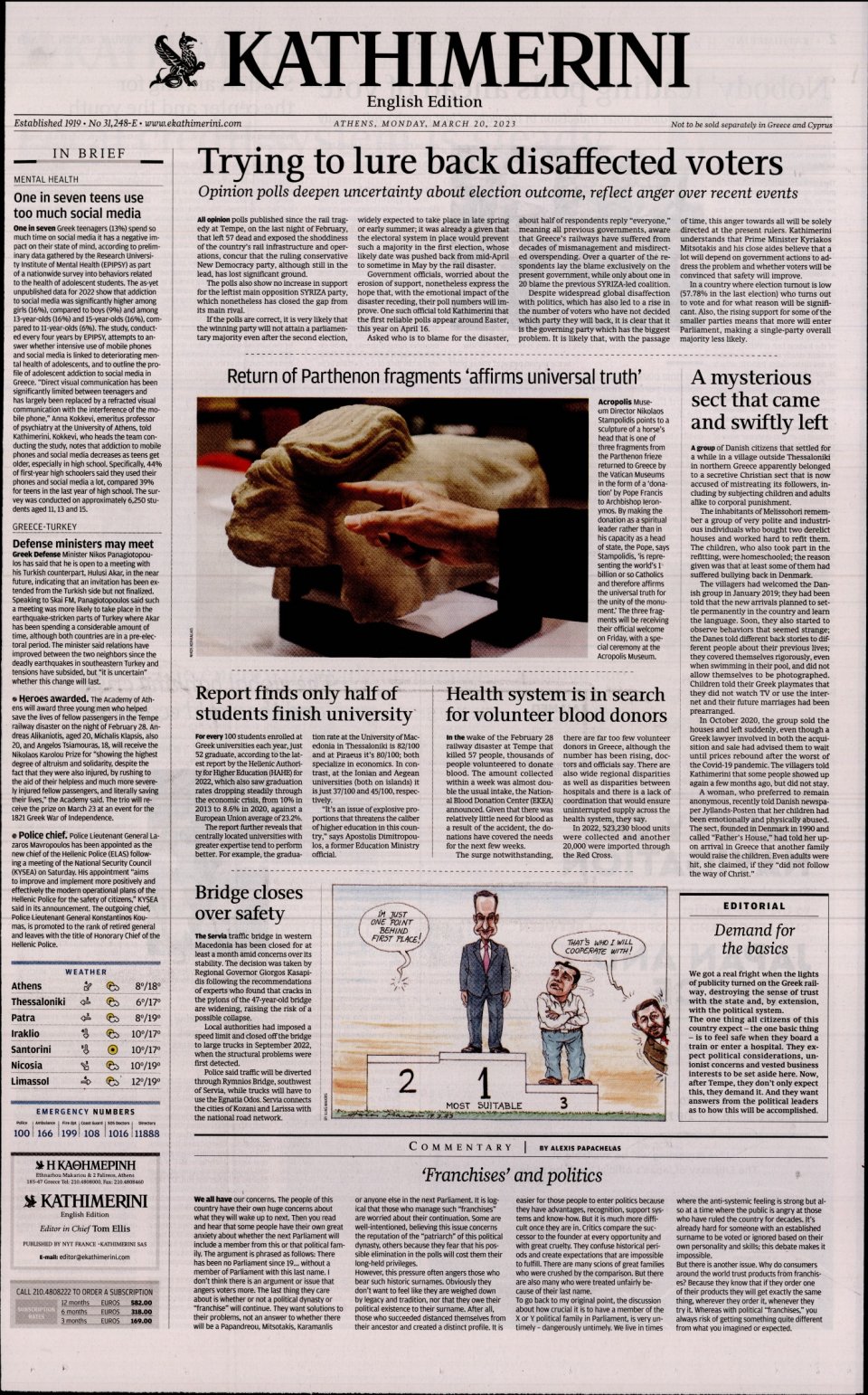 Πρωτοσέλιδο Εφημερίδας - INTERNATIONAL NEW YORK TIMES_KATHIMERINI - 2023-03-20