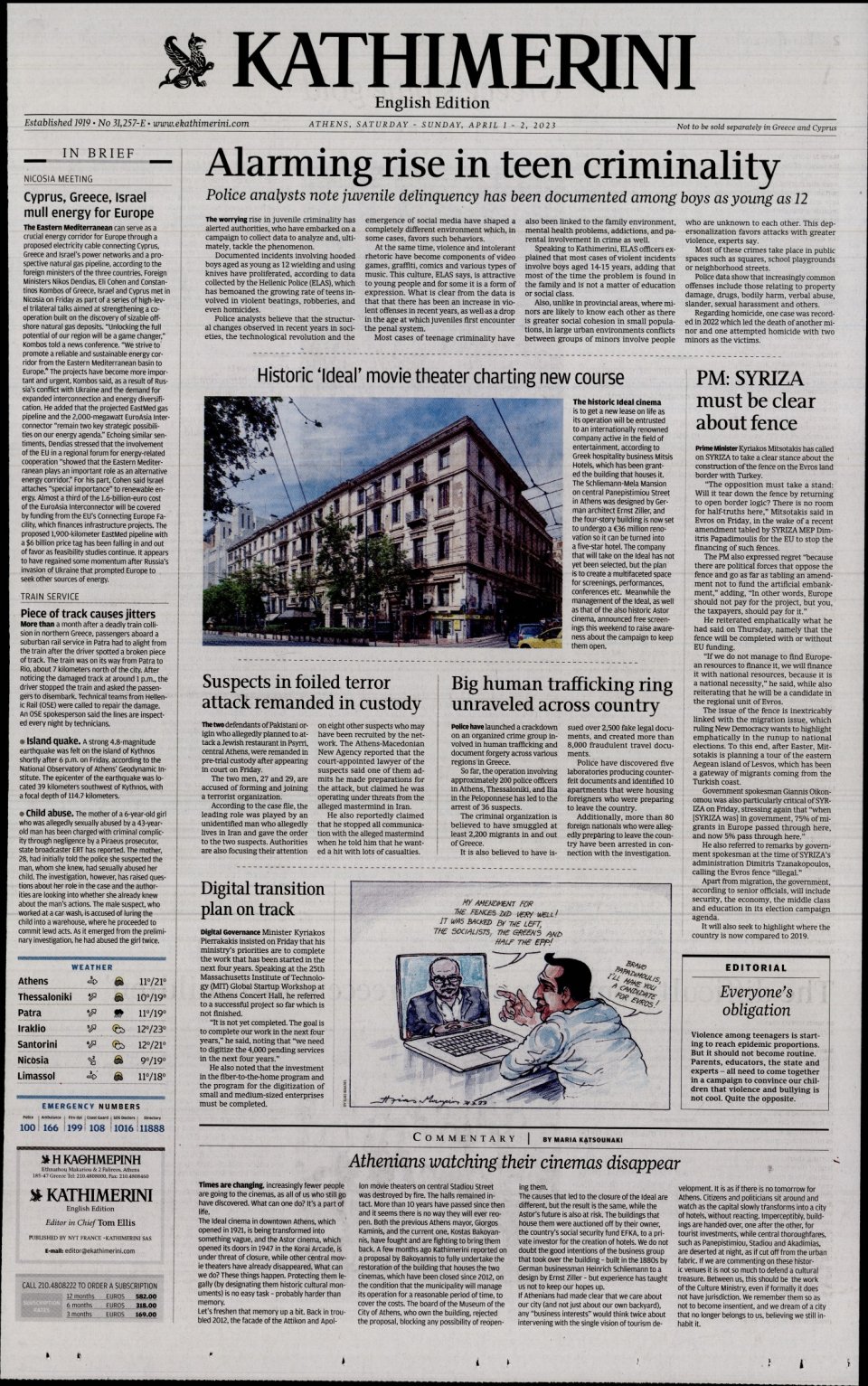 Πρωτοσέλιδο Εφημερίδας - INTERNATIONAL NEW YORK TIMES_KATHIMERINI - 2023-04-01