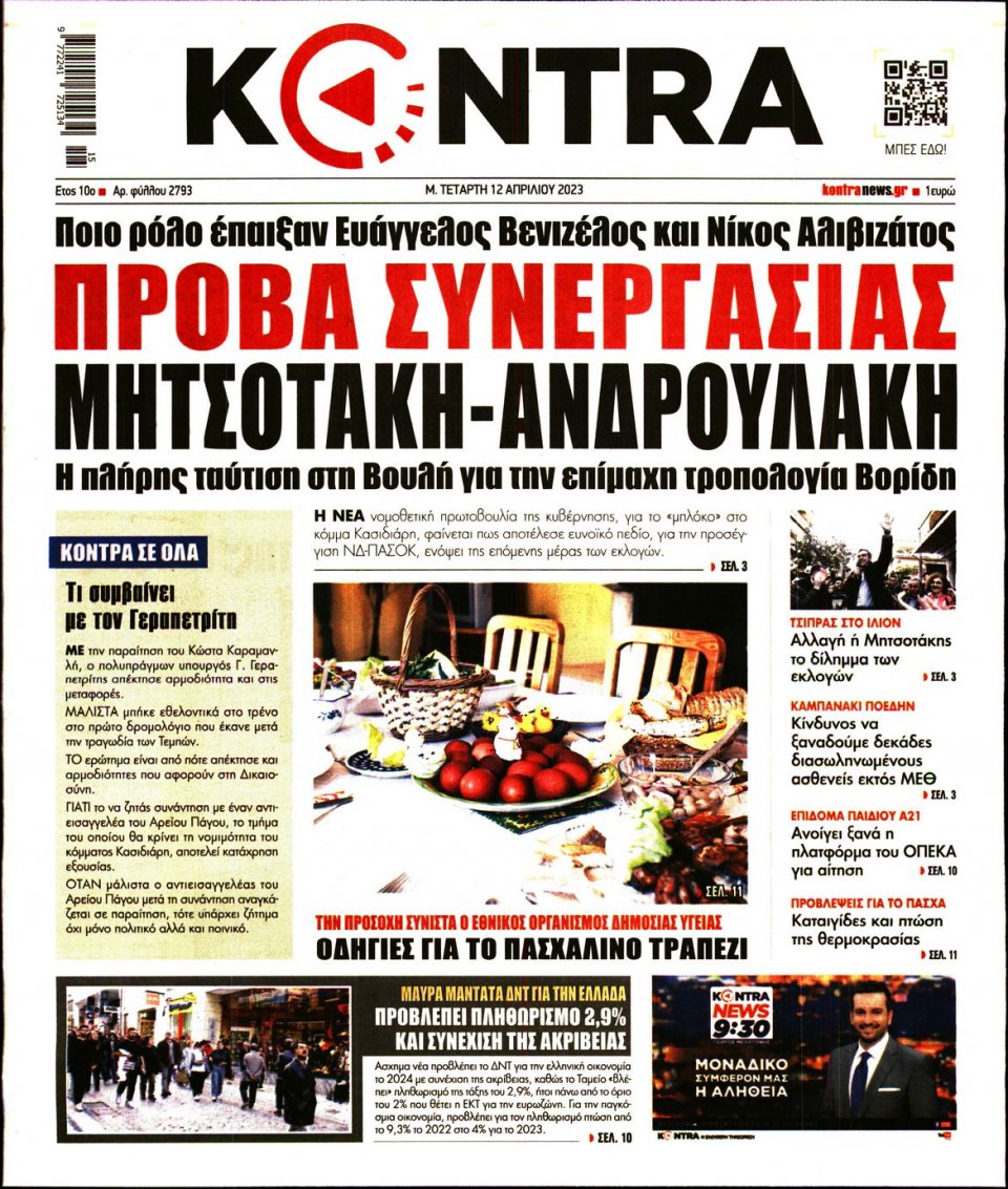 Πρωτοσέλιδο Εφημερίδας - Kontra News - 2023-04-12