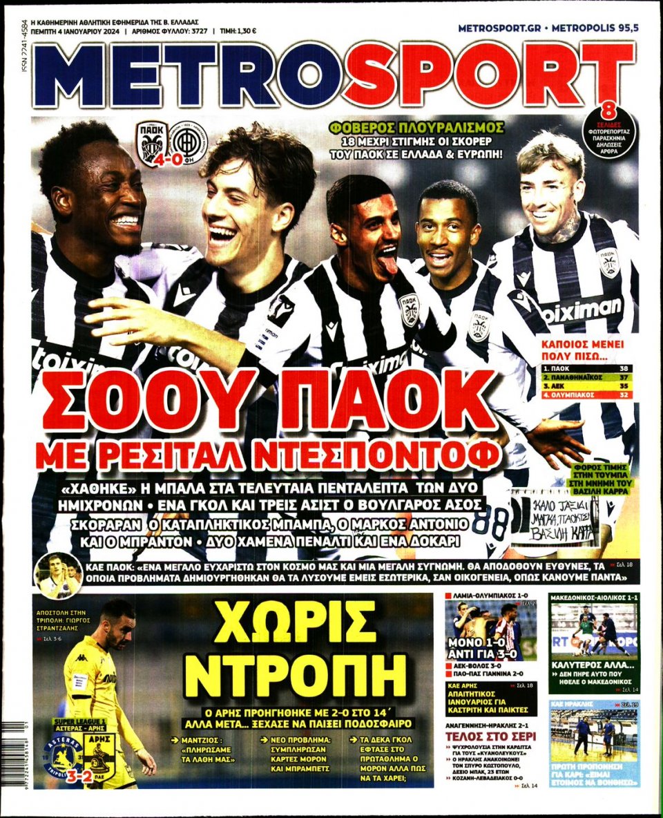 Πρωτοσέλιδο Εφημερίδας - Metrosport - 2024-01-04