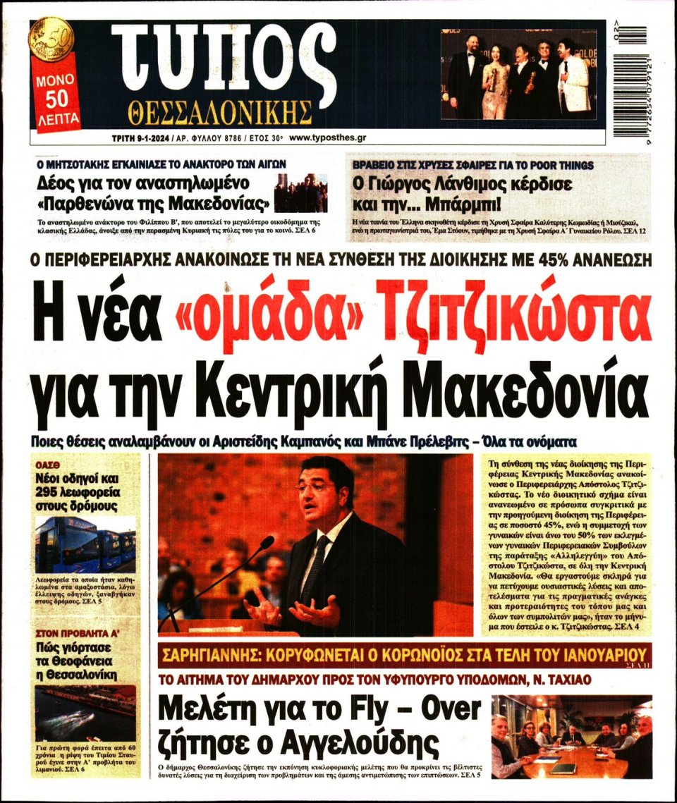 Πρωτοσέλιδο Εφημερίδας - Τύπος Θεσσαλονίκης - 2024-01-09