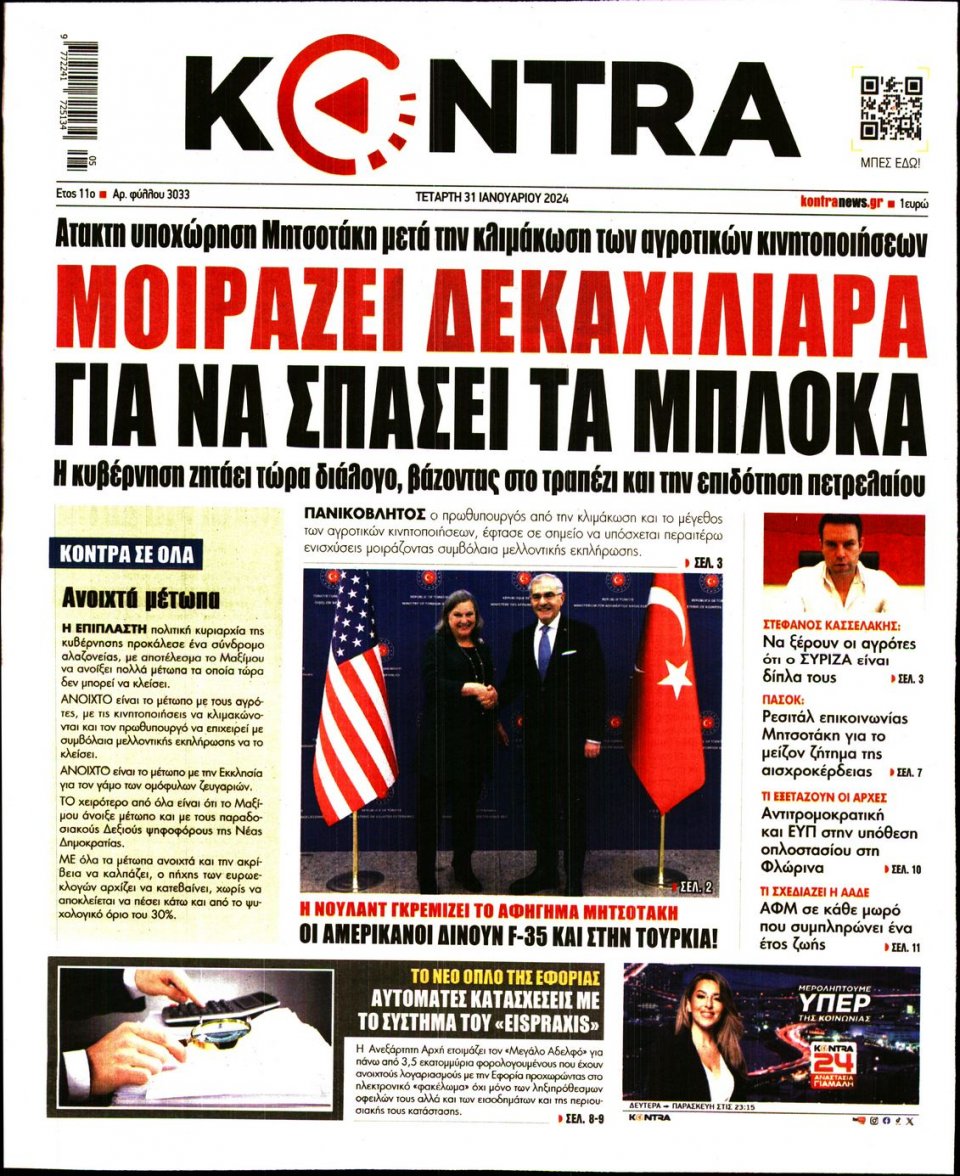 Πρωτοσέλιδο Εφημερίδας - Kontra News - 2024-01-31
