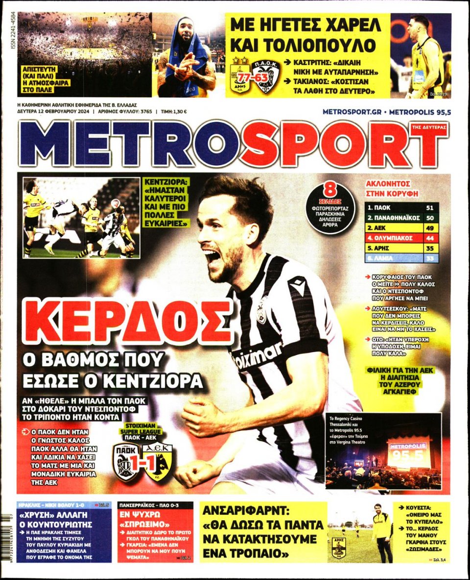 Πρωτοσέλιδο Εφημερίδας - Metrosport - 2024-02-12