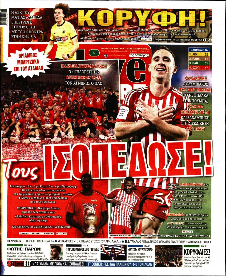 Πρωτοσέλιδο Εφημερίδας - Live Sport - 2024-02-19