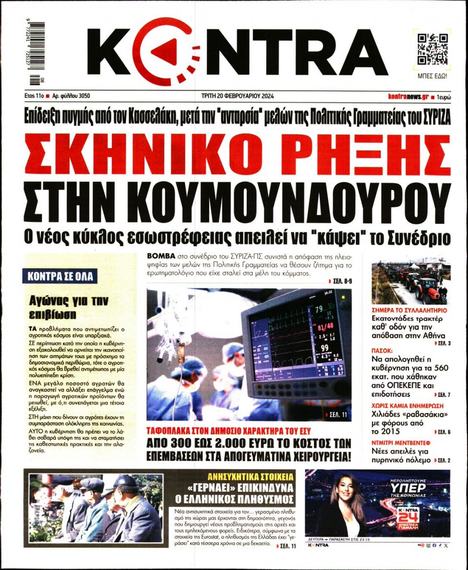 Πρωτοσέλιδο Εφημερίδας - Kontra News - 2024-02-20