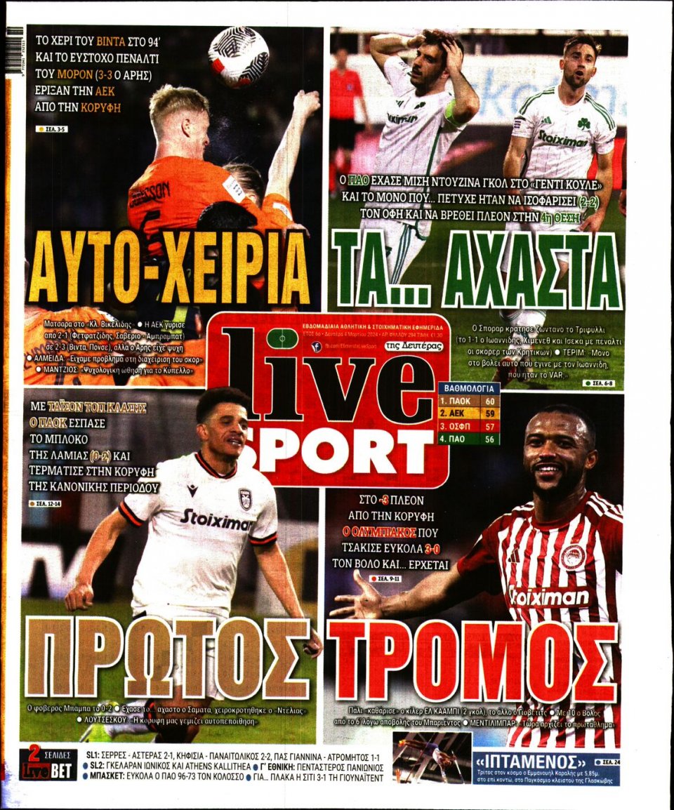 Πρωτοσέλιδο Εφημερίδας - Live Sport - 2024-03-04