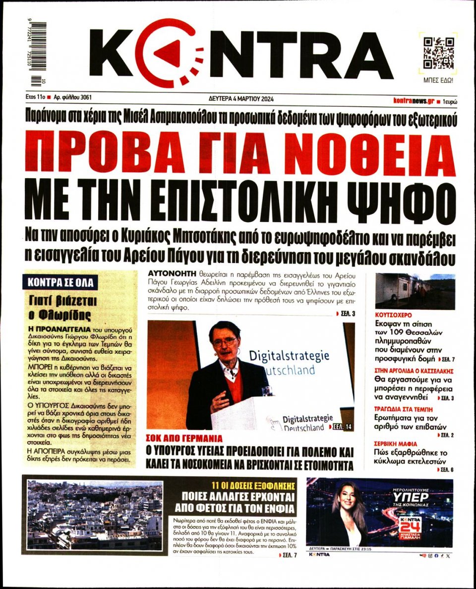 Πρωτοσέλιδο Εφημερίδας - Kontra News - 2024-03-04