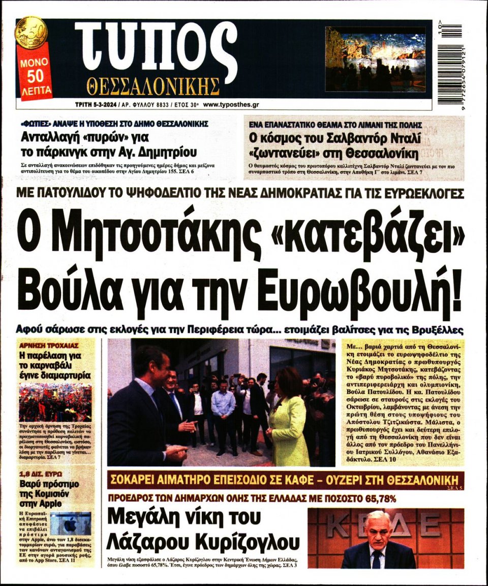 Πρωτοσέλιδο Εφημερίδας - Τύπος Θεσσαλονίκης - 2024-03-05