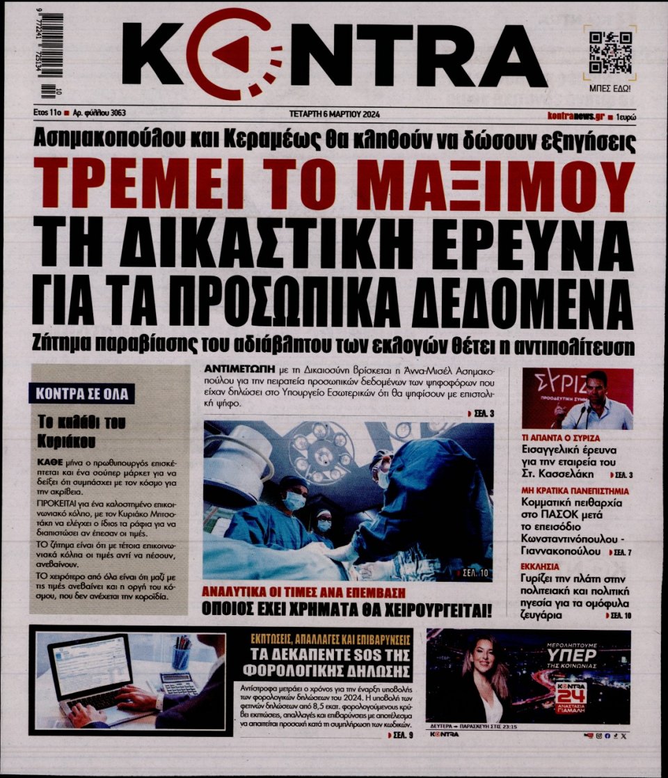 Πρωτοσέλιδο Εφημερίδας - Kontra News - 2024-03-06