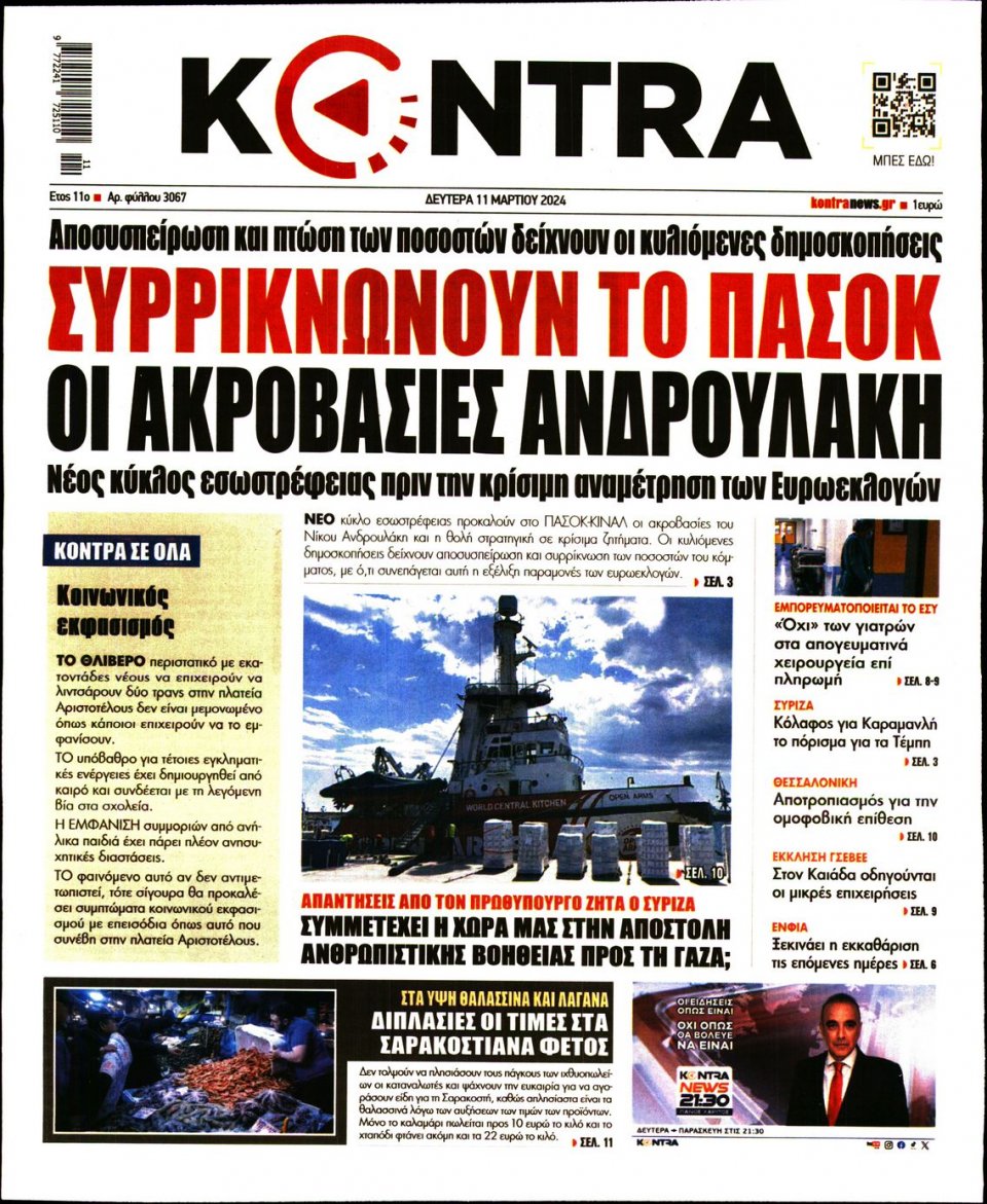 Πρωτοσέλιδο Εφημερίδας - Kontra News - 2024-03-11