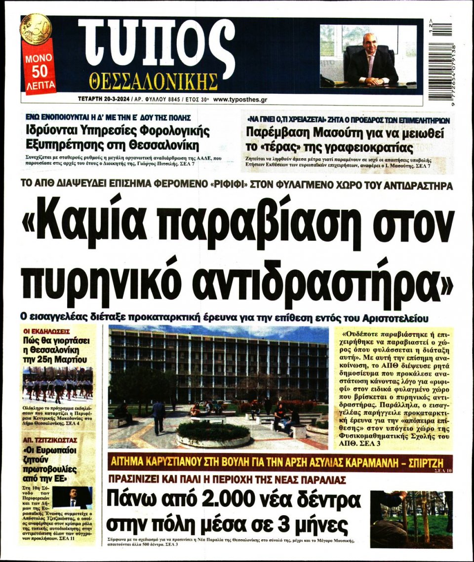 Πρωτοσέλιδο Εφημερίδας - Τύπος Θεσσαλονίκης - 2024-03-20