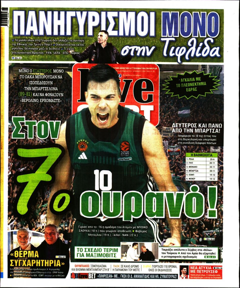 Πρωτοσέλιδο Εφημερίδας - Live Sport - 2024-03-23