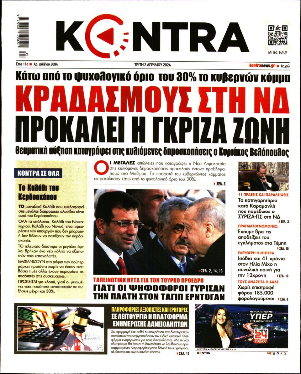 Πρωτοσέλιδο Εφημερίδας - Kontra News - 2024-04-02