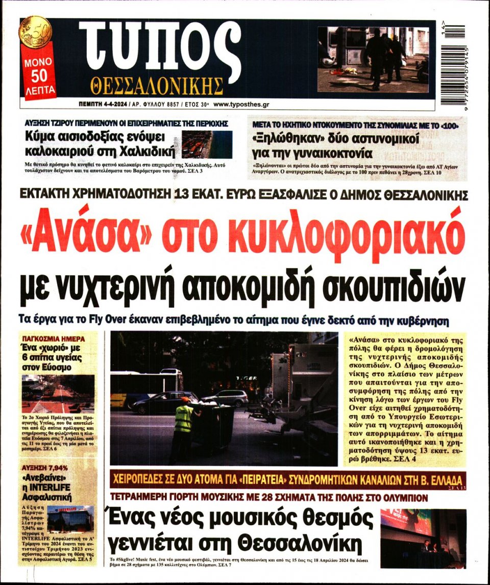Πρωτοσέλιδο Εφημερίδας - Τύπος Θεσσαλονίκης - 2024-04-04