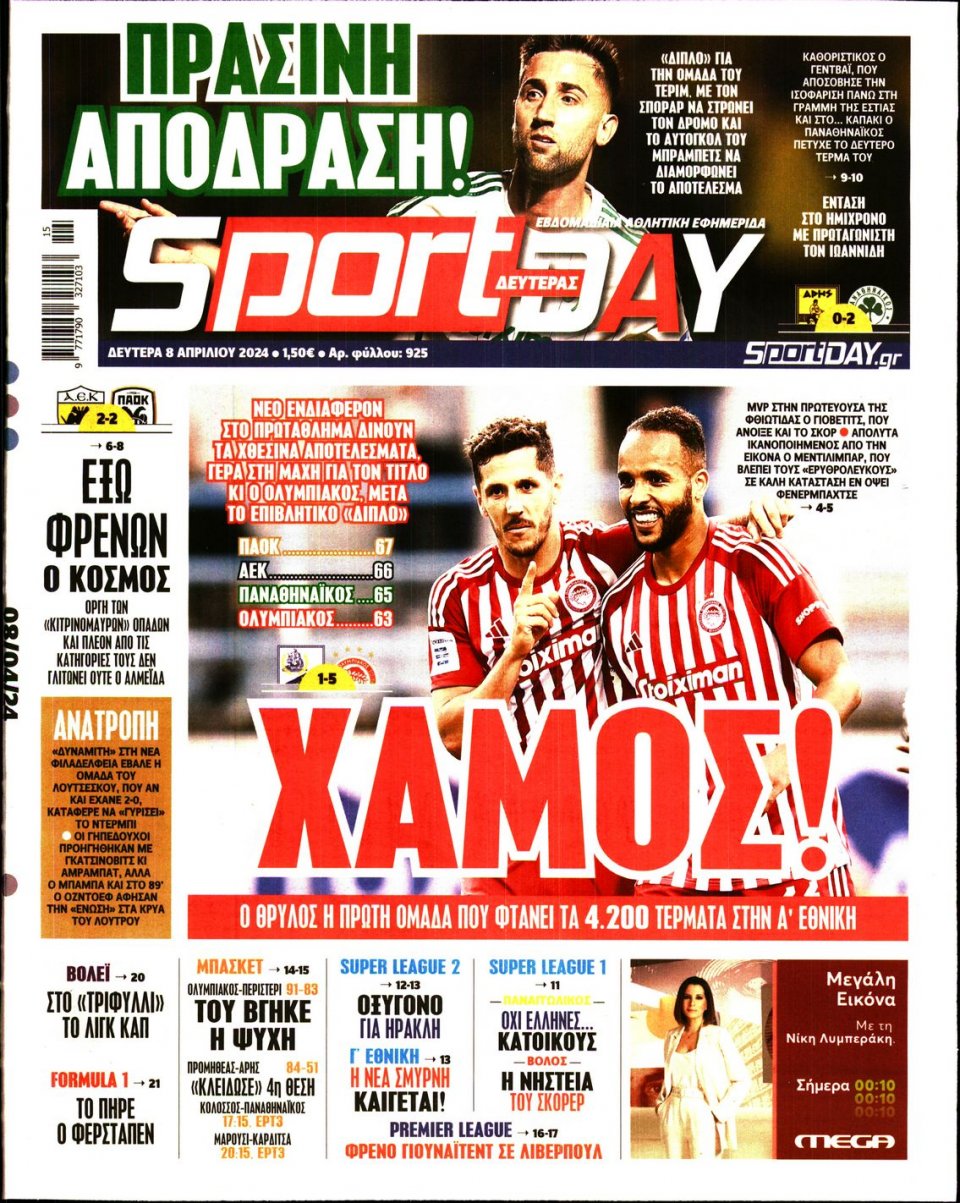 Πρωτοσέλιδο Εφημερίδας - Sportday - 2024-04-08