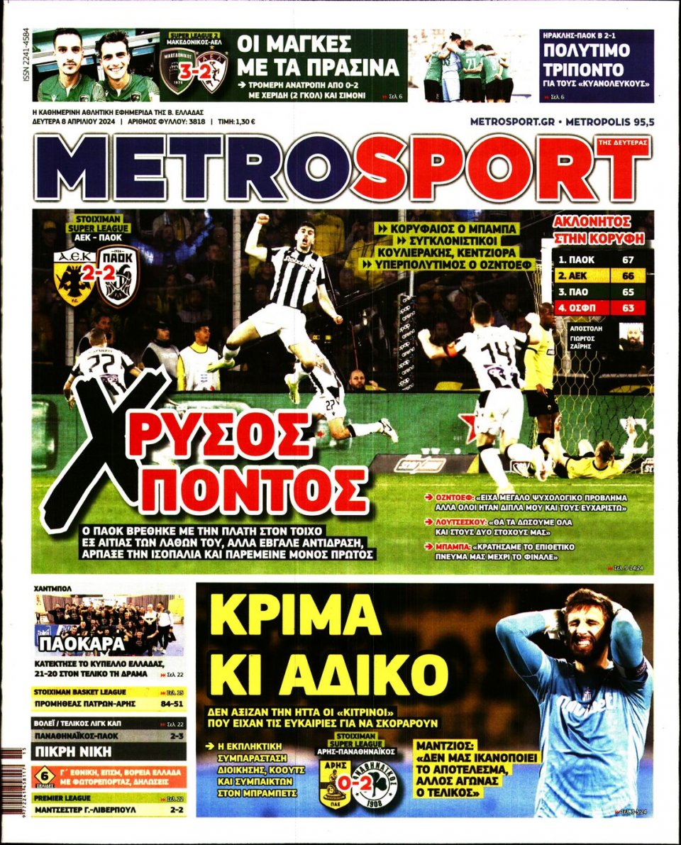 Πρωτοσέλιδο Εφημερίδας - Metrosport - 2024-04-08
