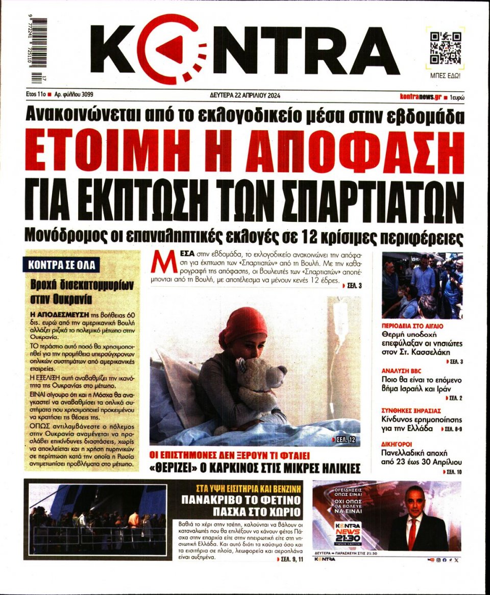 Πρωτοσέλιδο Εφημερίδας - Kontra News - 2024-04-22